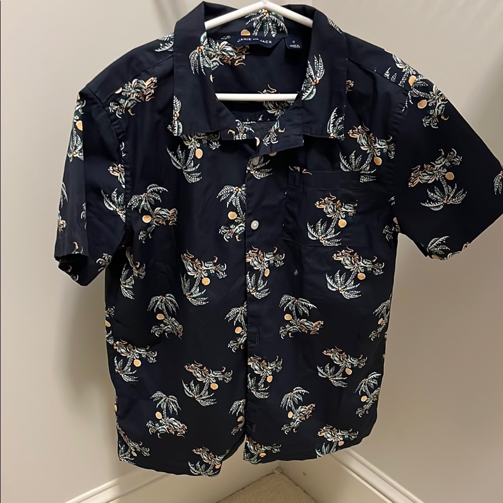 Janie and Jack Navy palm Print Casual Button Down Shirt